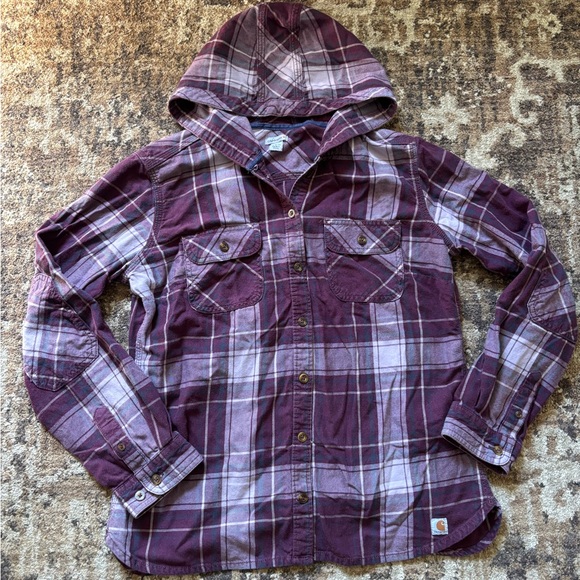 Carhartt Women’s M Purple Plaid Hooded Button Down Shirt 100% Cotton - Picture 1 of 7